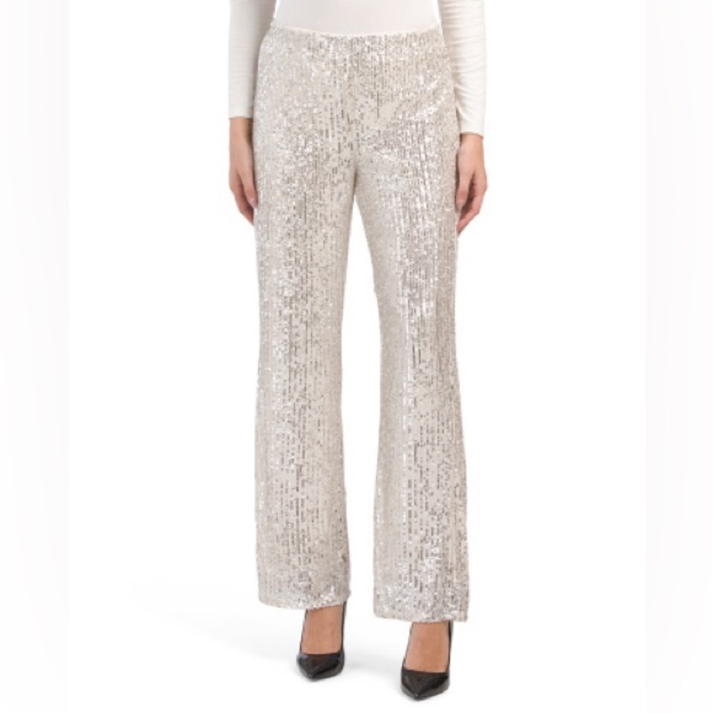 Cable & Gauge Silver Stretch Sequin Wide Leg Party Pants Small